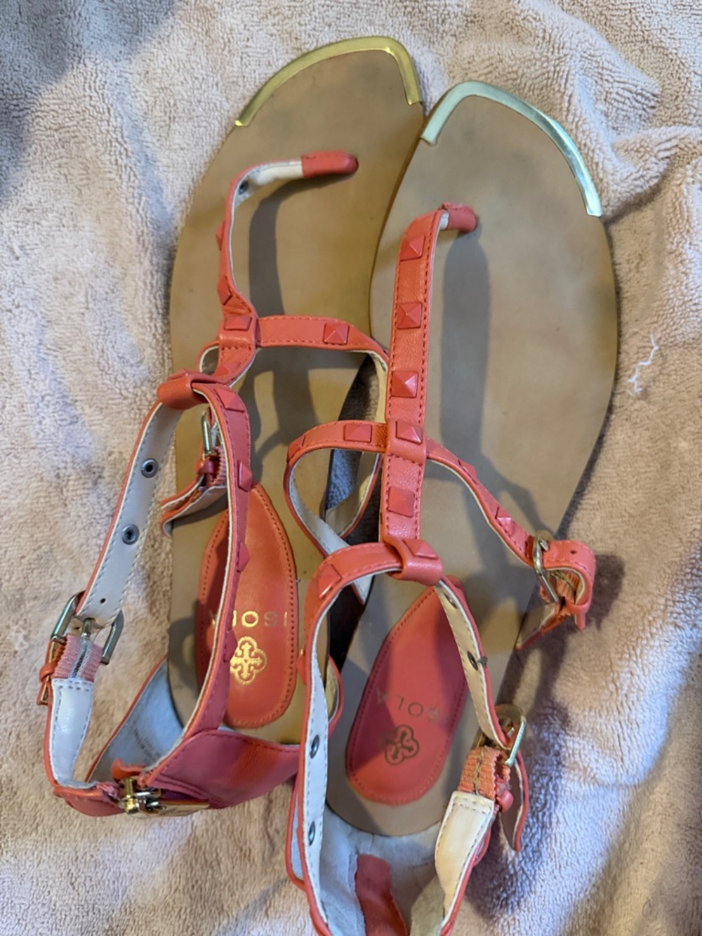 Isola Coral T-Strap Sandals with Gold Toe Caps